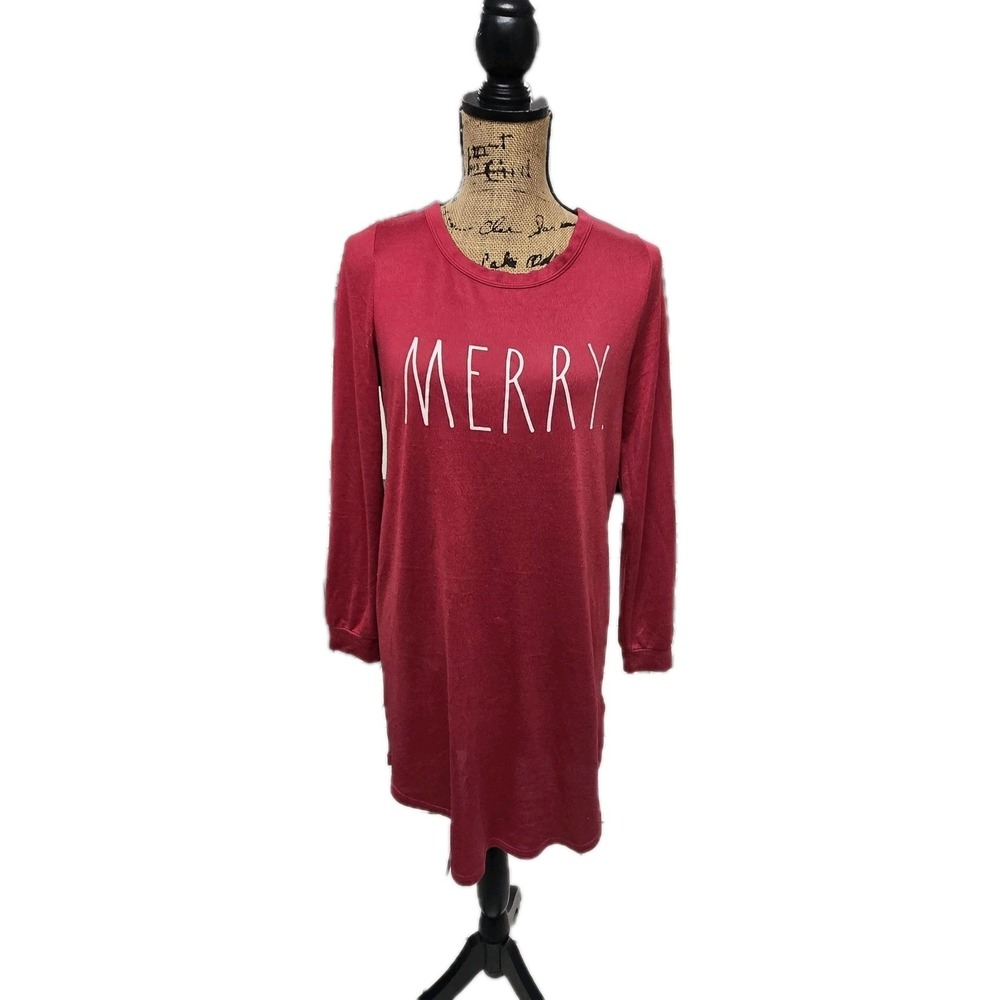 Rae Dunn Women's Small Merry Sleep Shirt Red Long Sleeve Christmas Stretch NWOT